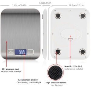 Digital Electronic Kitchen Food Diet Postal Scale Weight Balance 5KG 1g 11lb Kitchen Scales Stainless Steel Weighing For Food Diet Postal Balance Measuring LCD Precision Electronic 4